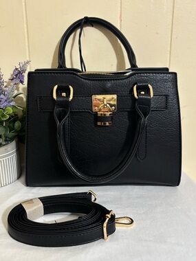 Classic Black Satchel Handbag with Gold Hardware
